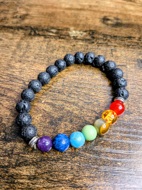 Pre-Owned 7 Chakra Lava Rock Essential Oil Diffuser Stretch Bracelet